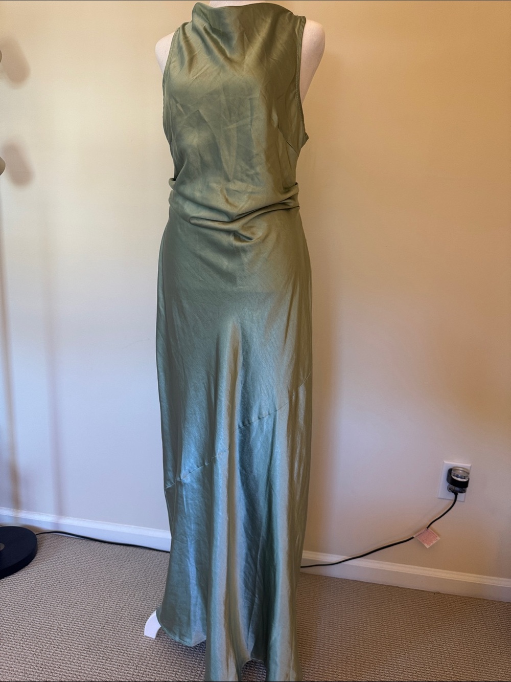 Sage Green Satin Cowl-Neck Maxi Dress